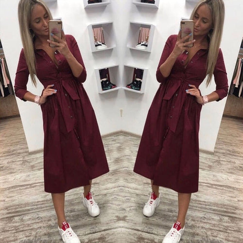 Women Vintage Front Button Sashes Party Dress Three Quarter Sleeve Turn Down Collar Solid Dress 2019 Autumn New Fashion Dress