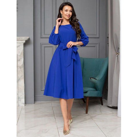 Women Vintage Front Button Sashes Party Dress Three Quarter Sleeve Turn Down Collar Solid Dress 2019 Autumn New Fashion Dress