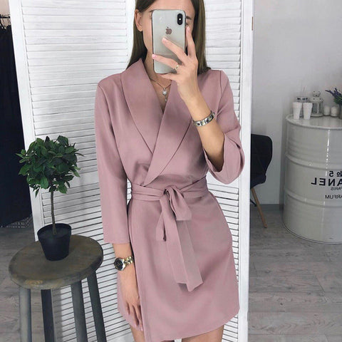 Women Vintage Front Button Sashes Party Dress Three Quarter Sleeve Turn Down Collar Solid Dress 2019 Autumn New Fashion Dress