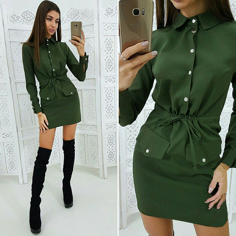 Women Vintage Front Button Sashes Party Dress Three Quarter Sleeve Turn Down Collar Solid Dress 2019 Autumn New Fashion Dress