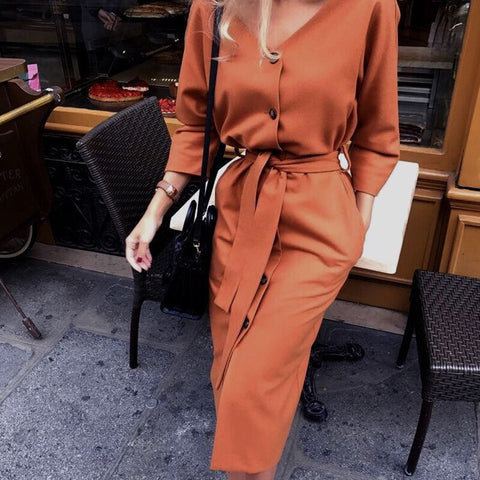 Women Vintage Front Button Sashes Party Dress Three Quarter Sleeve Turn Down Collar Solid Dress 2019 Autumn New Fashion Dress