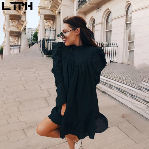 Hot 2019 autumn new fashion women's temperament commuter puff sleeve small high collar natural A word knee Chiffon dress