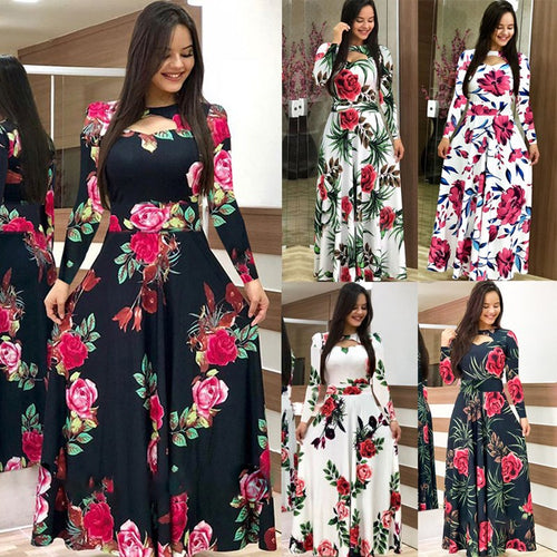 Elegant Spring Autumn Women Dress 2019 Casual Bohmia Flower Print Maxi Dresses Fashion Hollow Out Tunic Vestidos Dress Plus Size