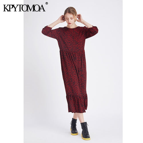 Vintage Stylish Leopard Print Ruffled Midi Dress Women 2020 Fashion O Neck Three Quarter Sleeve Elegant Dresses Vestidos Mujer