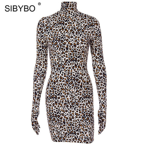 SIBYBO Leopard Print Turtleneck Casual Dress Women Fashion Long Sleeve Cotton Mini Bodycon Dress Skinny Sexy Party Dress