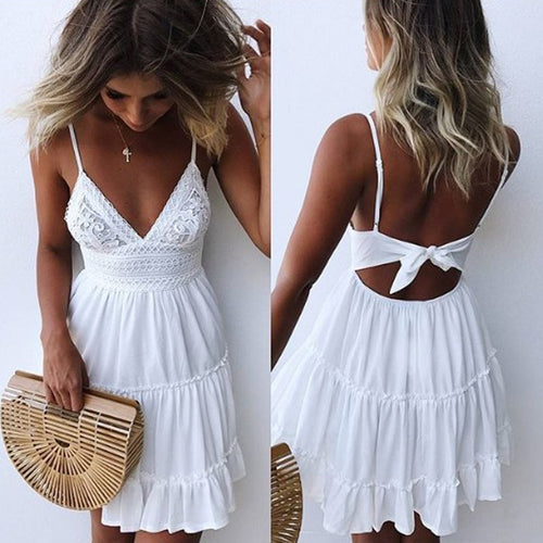 Summer Women Lace Dress Sexy Backless V-neck Beach Dresses 2020 Fashion Sleeveless Spaghetti Strap White Casual Mini Sundress