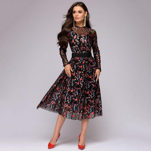 Women Vintage Front Button Sashes Party Dress Three Quarter Sleeve Turn Down Collar Solid Dress 2019 Autumn New Fashion Dress