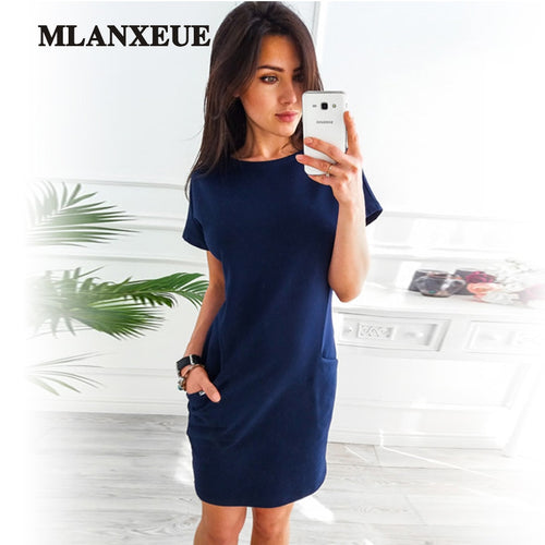 O-neck Short Sleeve Solid Party Dress Loose Straight Fashion Pockets Elegant Feminina Vestidos Casual Vintage Women Summer New