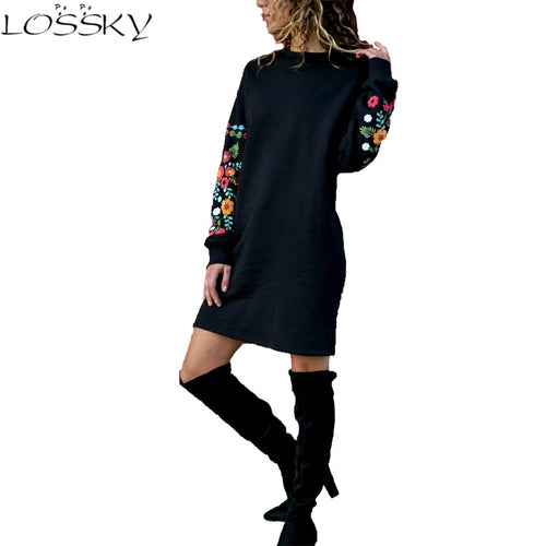 Printed Sleeves Women Dresses Casual Round Neck Loose Ladies Dress 2018 Winter New Fashion Female Clothing Hot Sale Vestidos