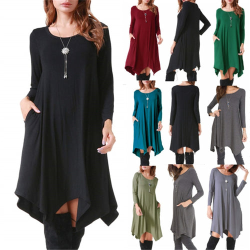 Autumn Winter Cotton Dress Women Long Sleeve Irregular Loose Dress Casual Black Dress Plus Size mini Dress Fashion Clothing 3XL